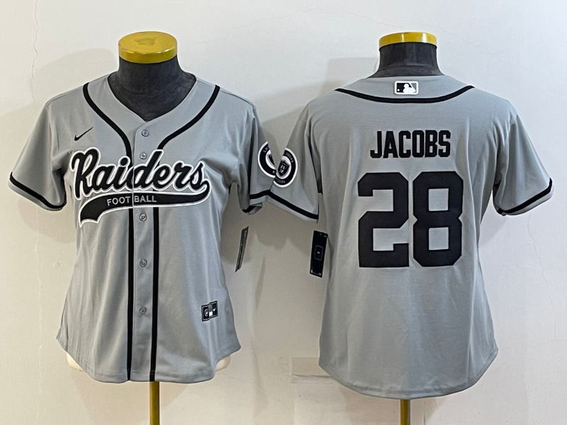 Youth Las Vegas Raiders #28 Josh Jacobs Grey With Patch Cool Base Stitched Baseball Jersey